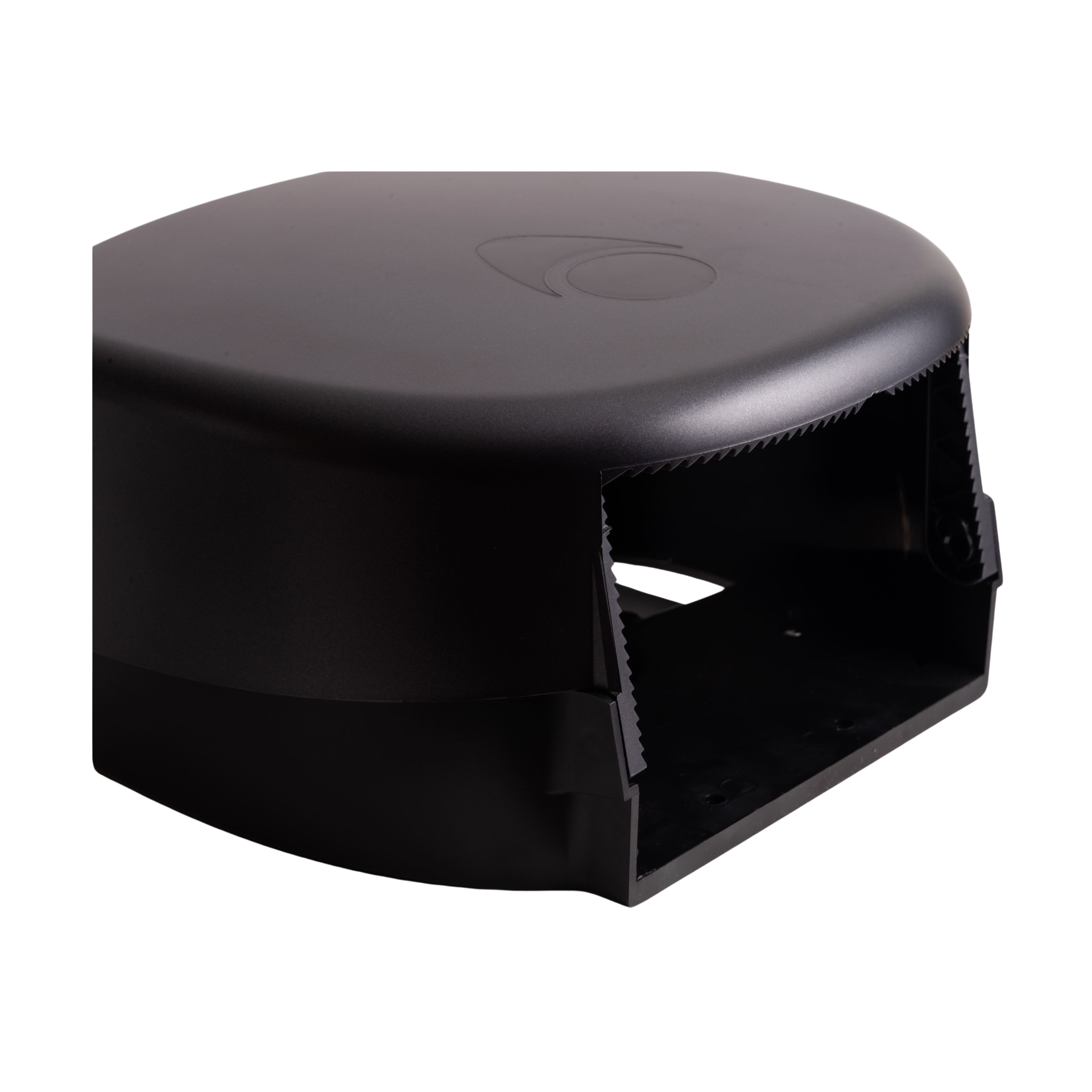 Produktbillede af myriad designer range papirdispenser til jumboruller i mat grå finish. Dispenseren er enkel med bløde hjørner og en skyggeeffekt, der fremhæver det matte udtryk. Billedet er taget af bunden og man kan derfor se åbningen på dispensere, hvor papiret kommer ud.