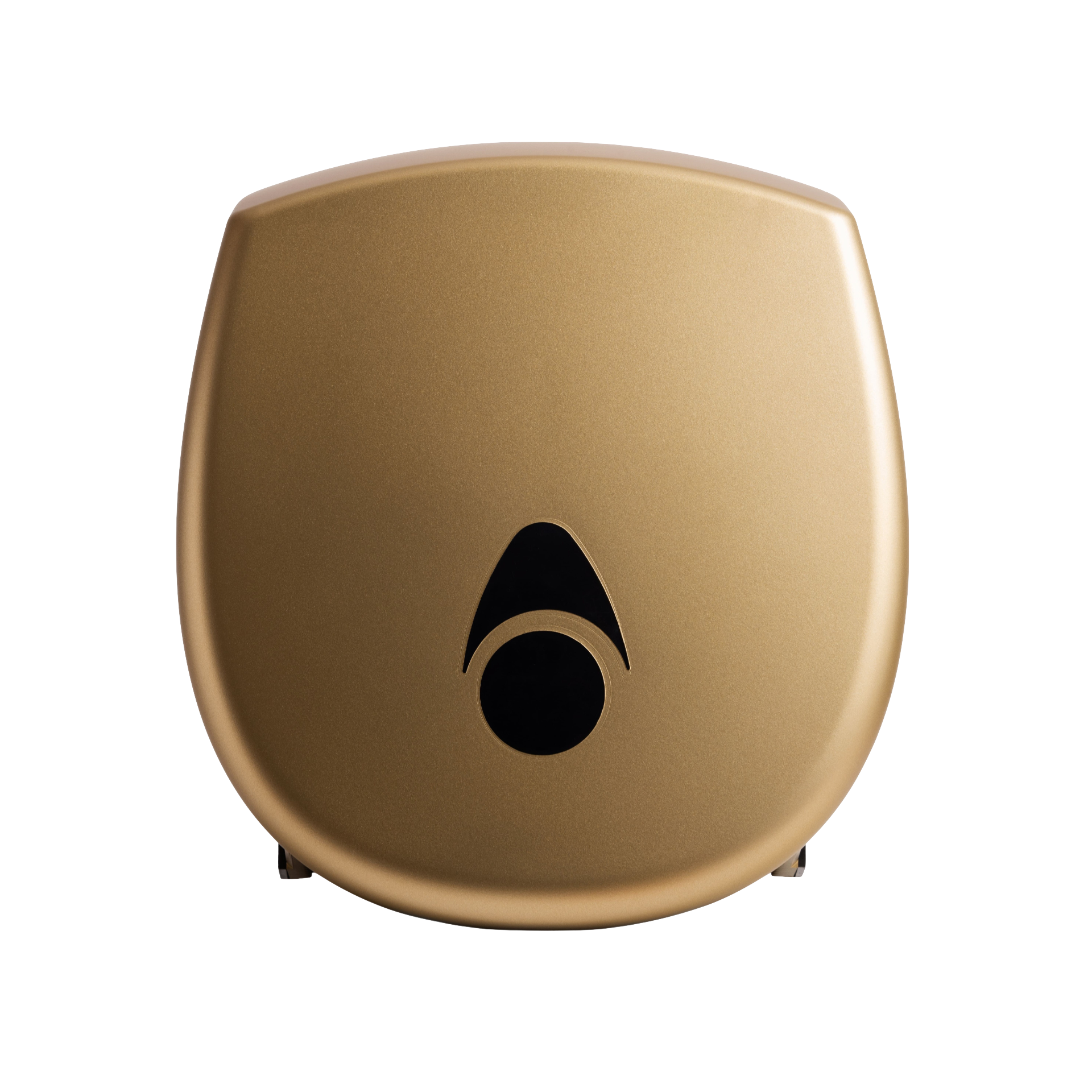 Produktbillede af myriad designer range papirdispenser til jumboruller i mat guld finish. Dispenseren er enkel med bløde hjørner og en skyggeeffekt, der fremhæver det matte udtryk. Billedet er taget fra fronten.