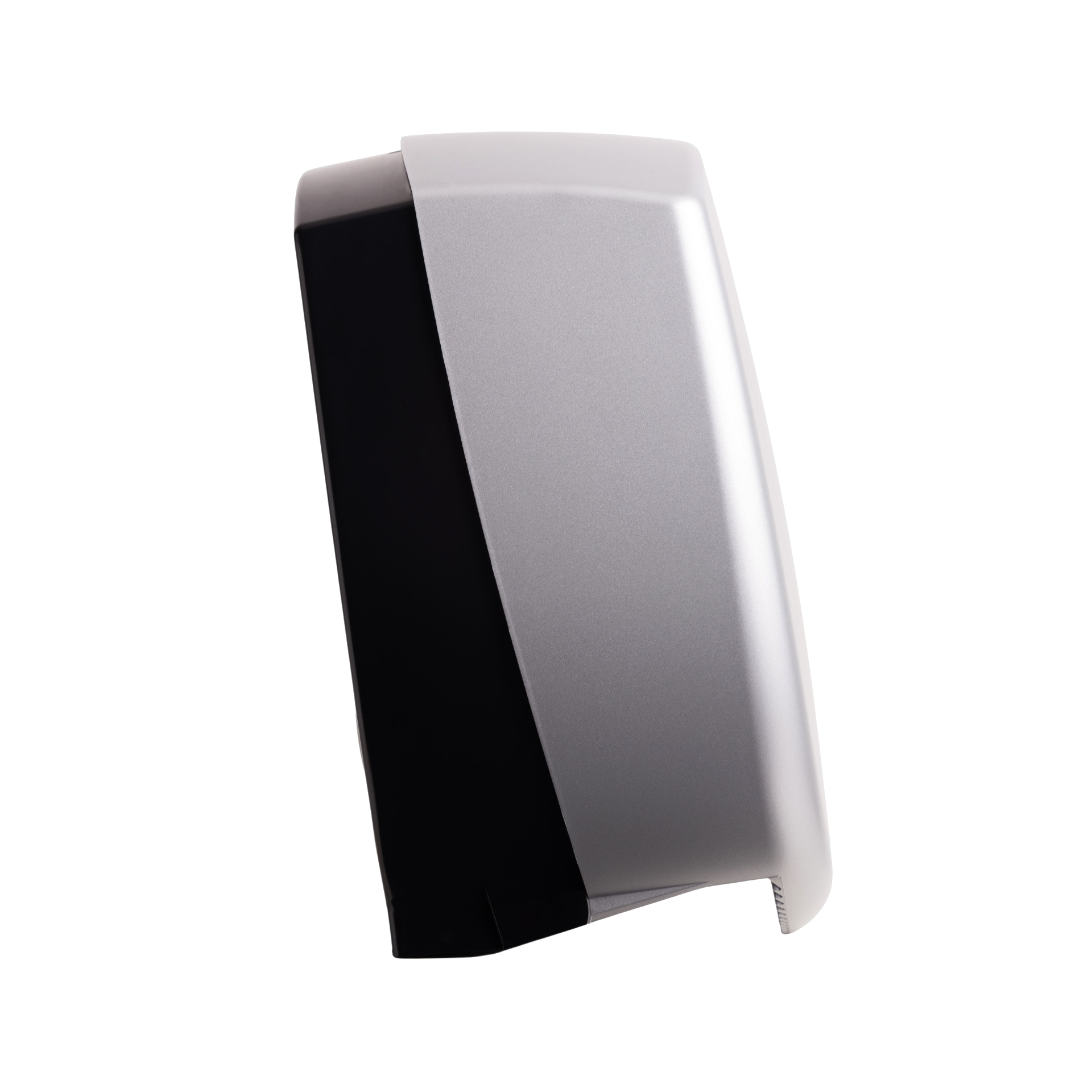 Produktbillede af myriad designer range papirdispenser til jumboruller i mat sølv finish. Dispenseren er enkel med bløde hjørner og en skyggeeffekt, der fremhæver det matte udtryk. Billedet er taget af siden, så man kan se siden hvor den er tyndest.