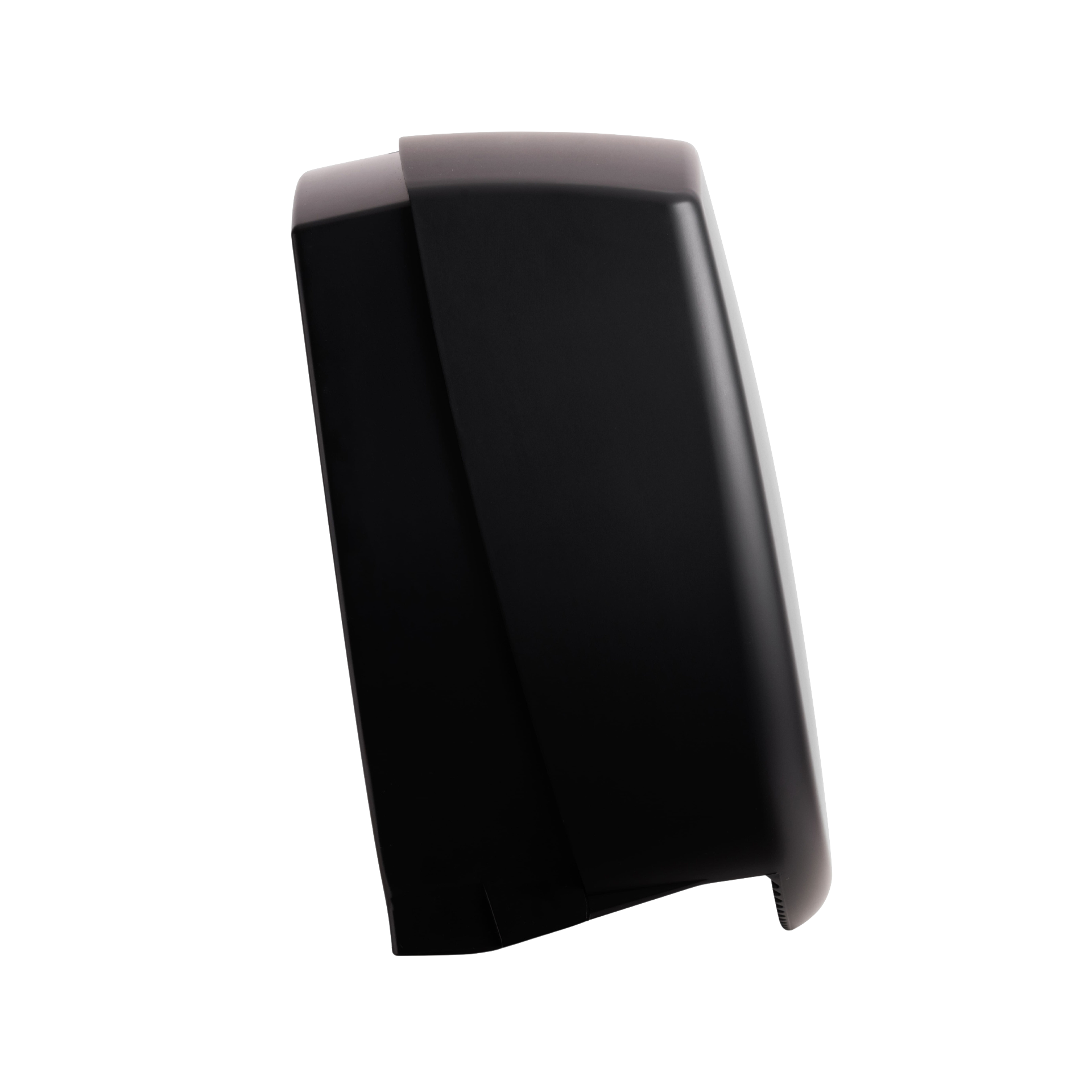 Produktbillede af myriad designer range papirdispenser til jumboruller i mat sort finish. Dispenseren er enkel med bløde hjørner og en skyggeeffekt, der fremhæver det matte udtryk. Billedet er taget af siden, så man kan se siden hvor den er tyndest.