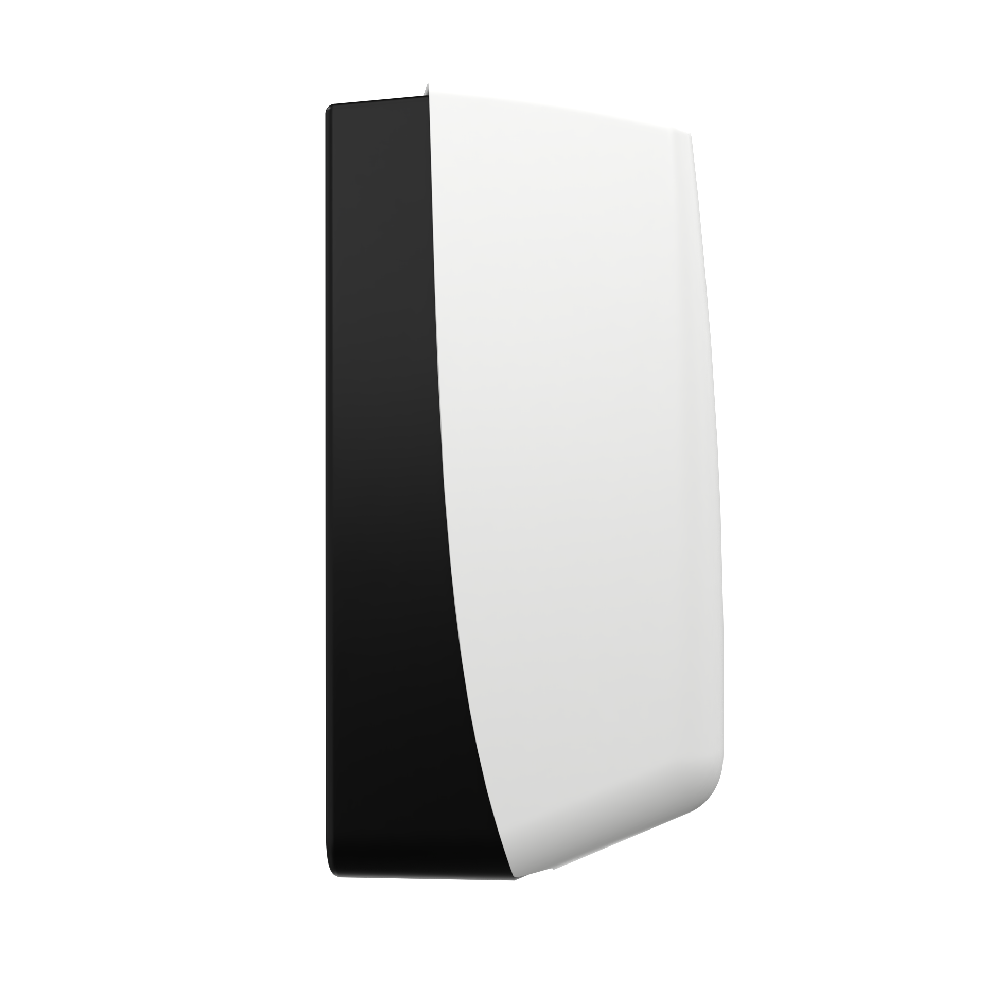 Produktbillede af myriad papirdispenser til håndklædeark i hvid. Dispenseren er enkel med bløde hjørner og en blank effekt, der fremhæves igennem skyggerne. Billedet er taget af siden, så man kan se siden hvor den er tyndest.