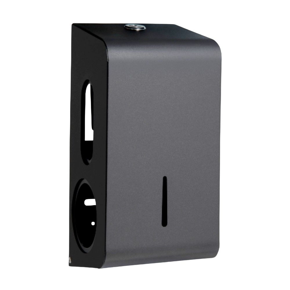 Produktbillede af opal papirdispenser til toiletruller i sort finish. Dispenseren er i stål og er enkel med bløde kanter. Billedet er taget fra fronten/siden.