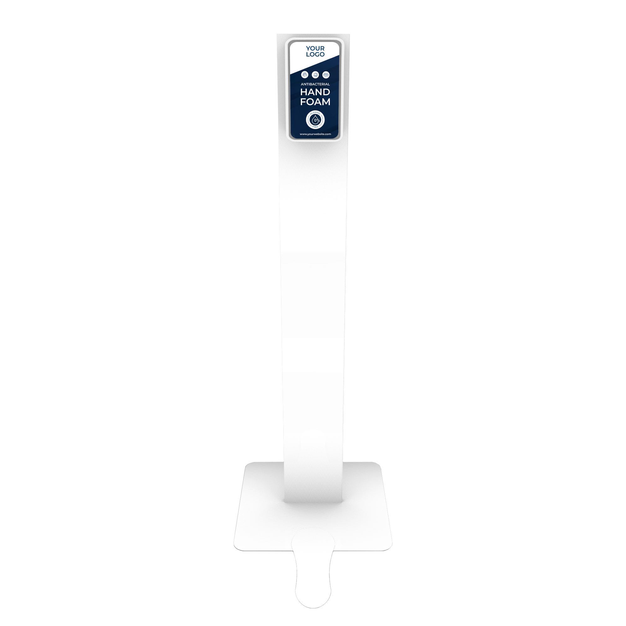 Billedet viser en sanify dispenser i blå og hvid, hvor der på fronten står "your logo", da kunden kan få den med eget print på fronten. Vægdispenseren står på en hvid gulvstander, så det er nemt at tilgå hånddesinfektion når man går forbi. Billedet er taget fra fronten. 